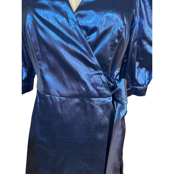 2/$30 ZARA Small Shiny Blue Puff Sleeve Wrap Dress - Picture 7 of 16
